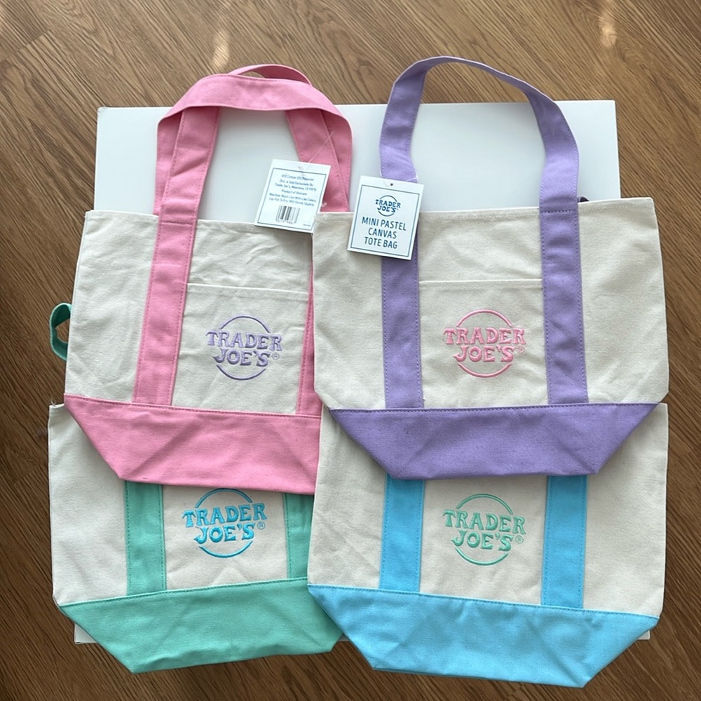 Trader Joes Mini Pastel Canvas Tote Bag 4 Piece Complete Set